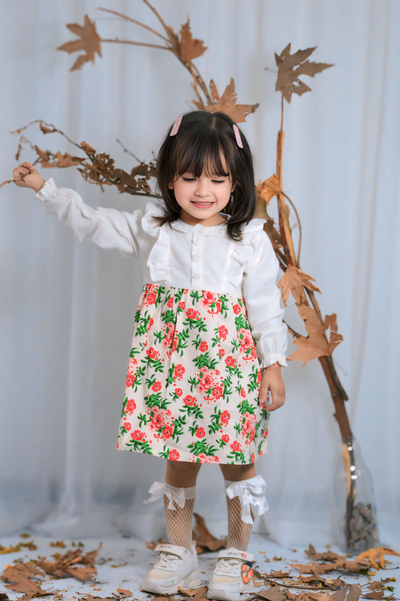 Pure White & Floral Print Frock